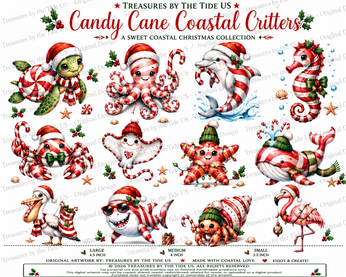 Candy Cane Coastal Critters Printable Decoupage Sheet – Original Christmas Sea Life