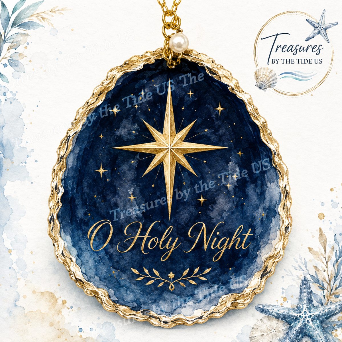 Original O Holy Night Bethlehem Star Watercolor Decoupage Sheet – Christmas Oyster Shell Printable