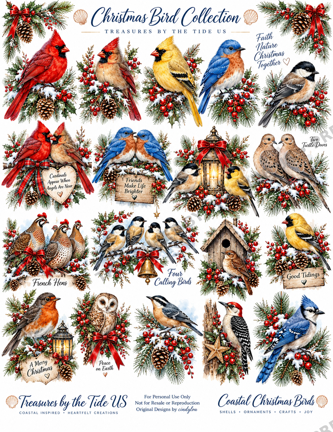 Christmas Bird Collection – Original Watercolor Decoupage Craft Sheet