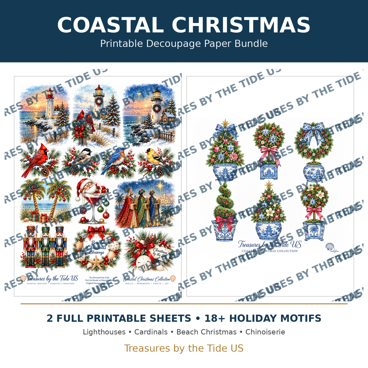 Coastal Christmas Printable Decoupage Paper Bundle