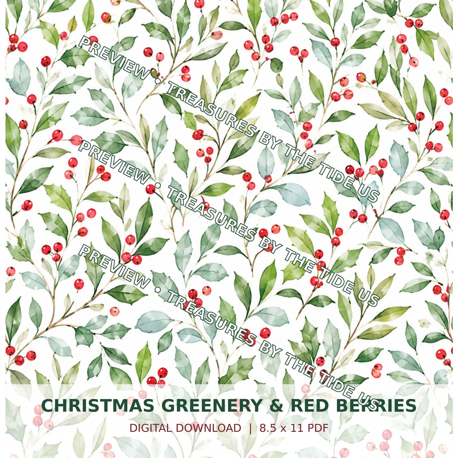 Christmas Greenery & Red Berries Printable Paper – Digital Download