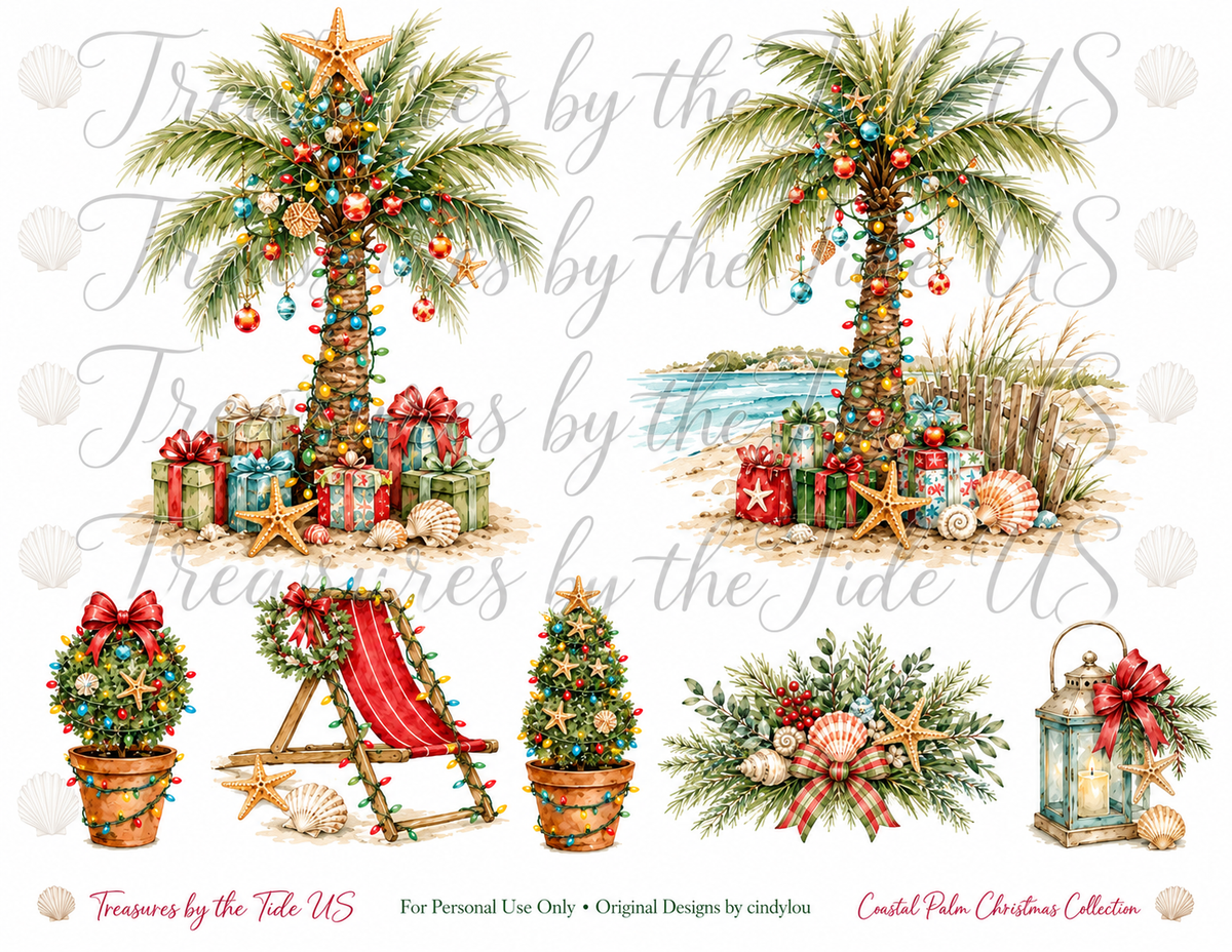 Coastal Palm Christmas Collection – Printable Watercolor Decoupage Sheet