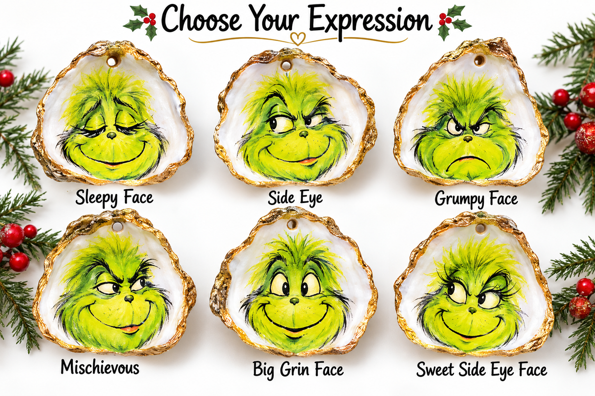 Green Christmas Grouch Oyster Shell Ornament