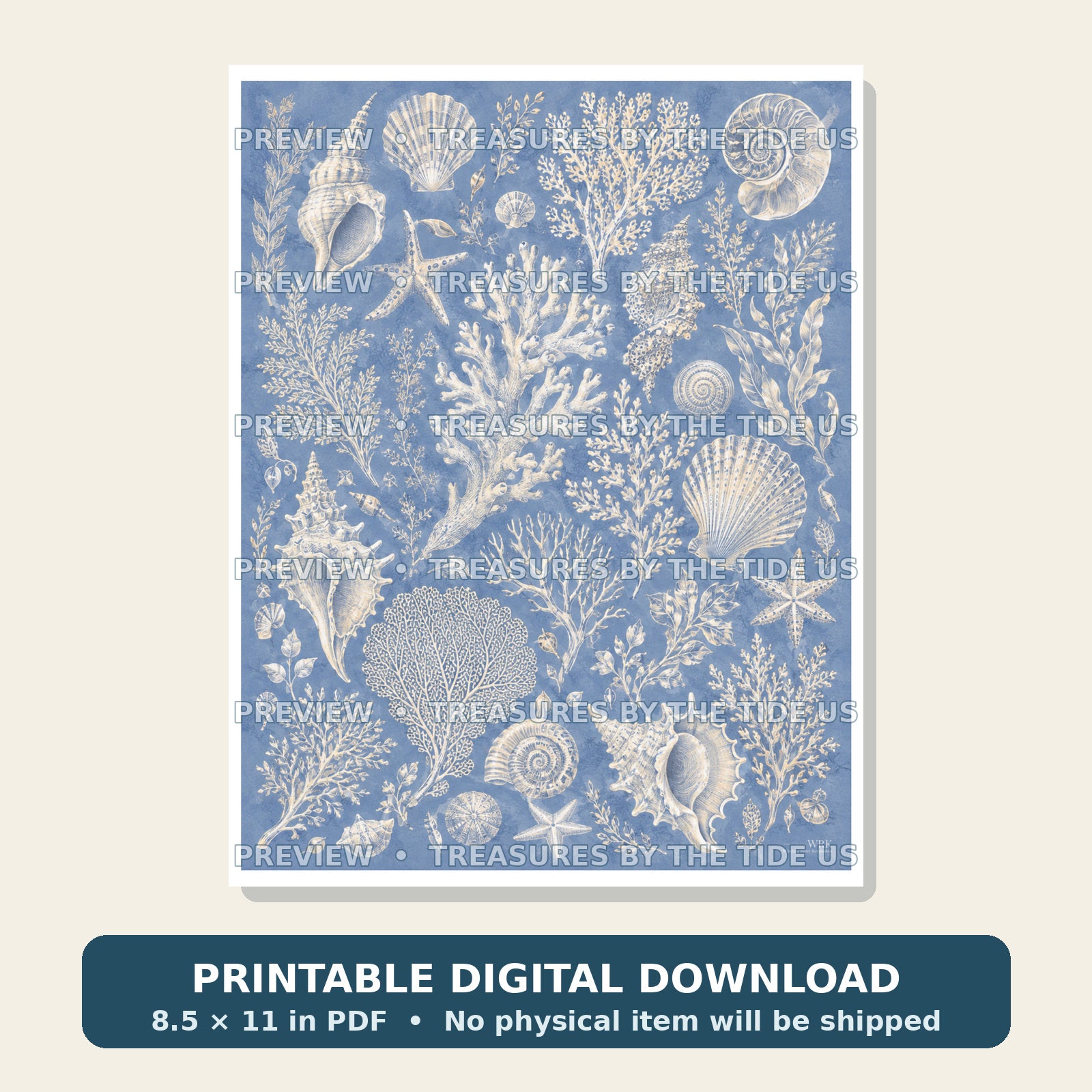 Blue Coastal Toile Shell & Coral Decoupage Paper – Printable Digital Download