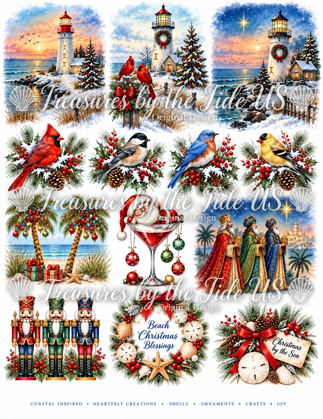 Original Coastal Christmas Collection – Lighthouse, Birds, Nutcrackers, Wise Men & Holiday Beach Designs | Printable Decoupage Art