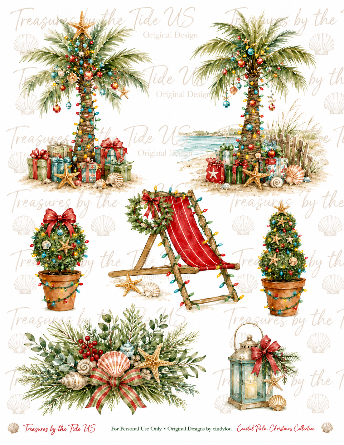 Original Coastal Palm Christmas Collection – Palm Trees, Beach Chair, Topiary & Seashell Holiday Designs | Printable Decoupage Art