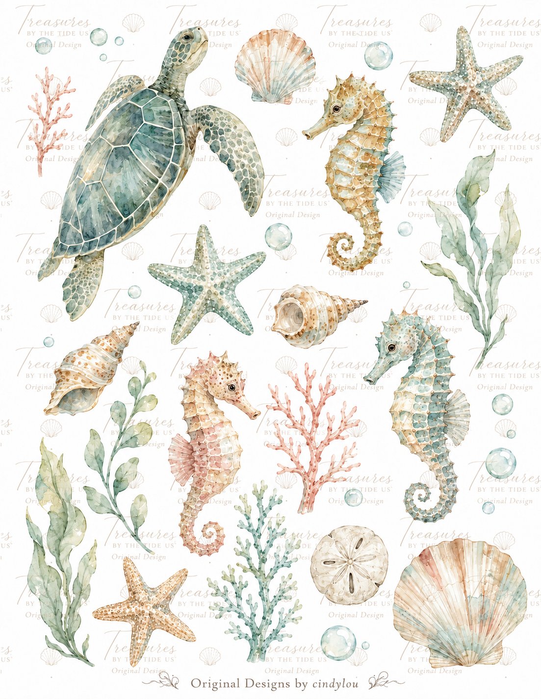 Original Coastal Sea Life Collection – Sea Turtle, Seahorses, Starfish, Shells & Coral | Printable Decoupage Art