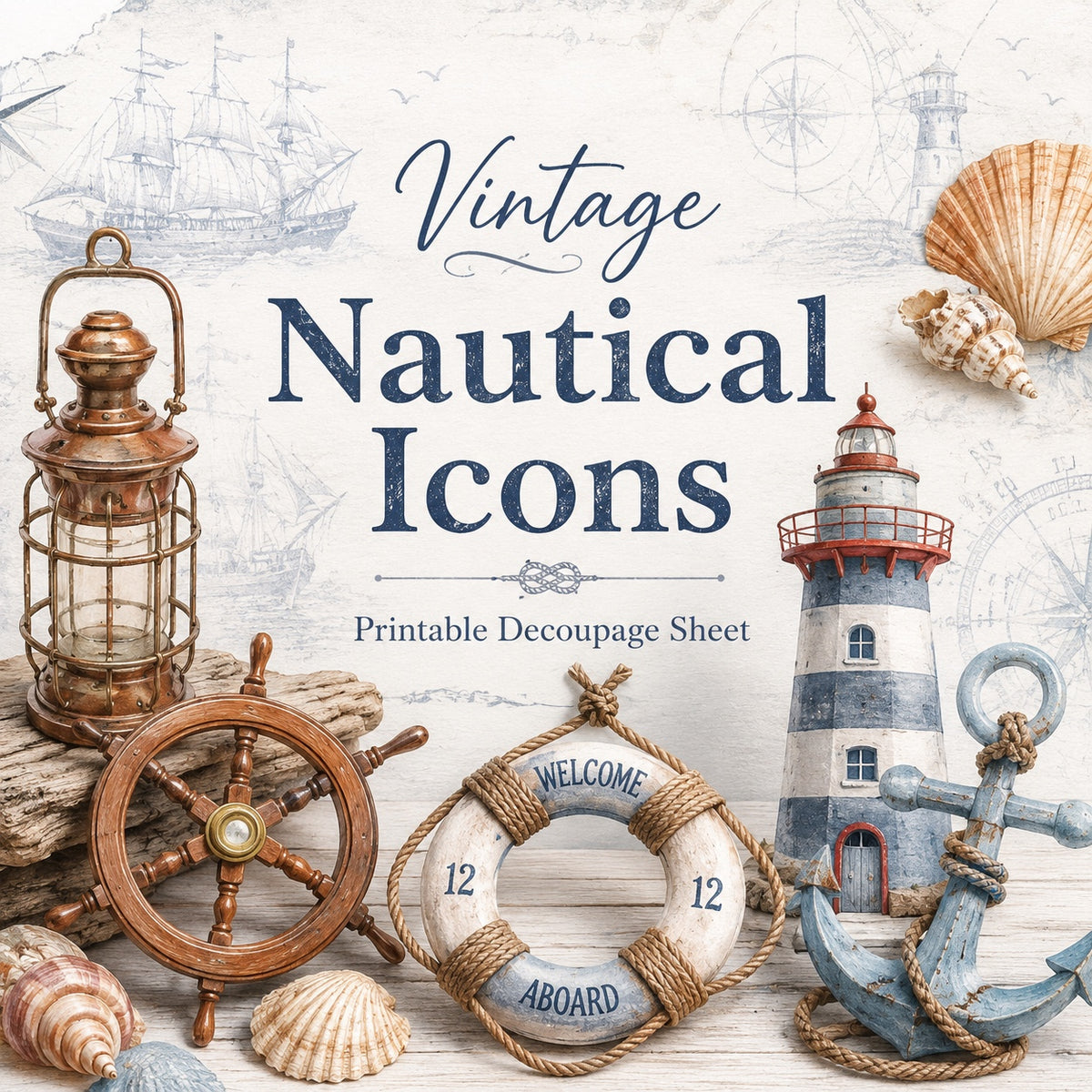 Vintage Nautical Icons Printable Decoupage Sheet – Original Coastal Design, Mixed Sizes