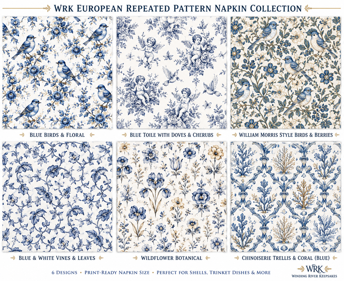 Original European Blue & White Decoupage Paper Collection – 6 Printable Designs