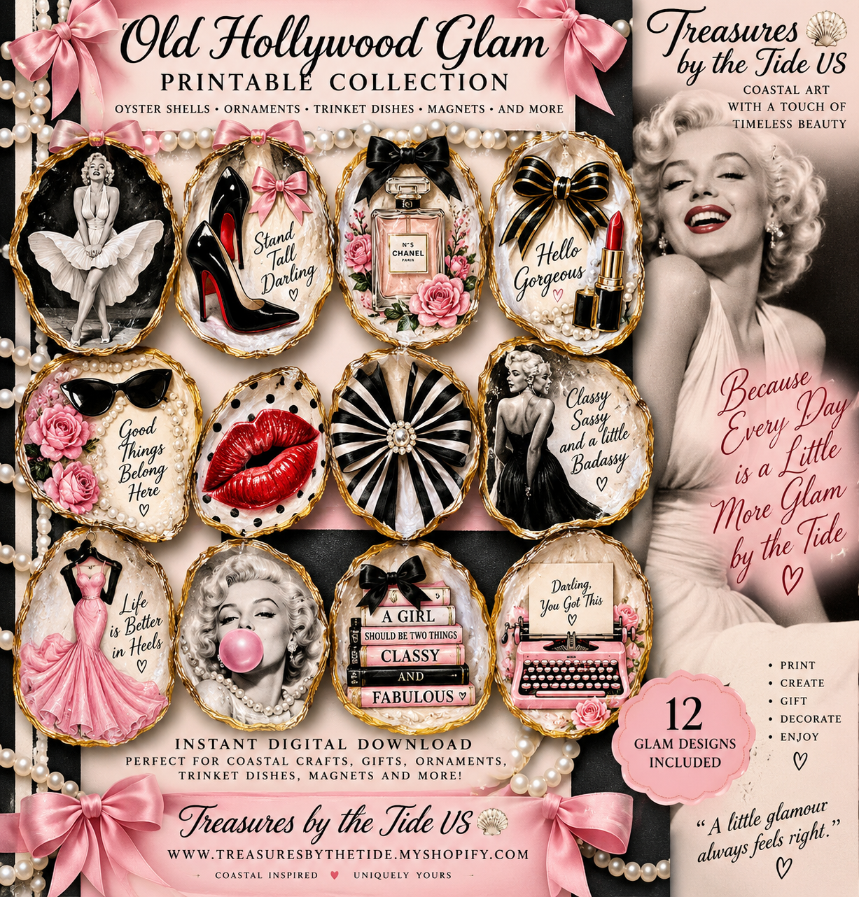Old Hollywood Glam Printable Collection – Oyster Shell Ornaments, Trinket Dishes & Magnets