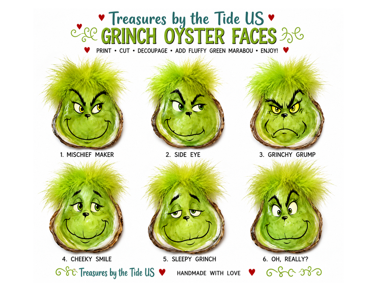 Grinch oyster faces printable decoupage sheet by Treasures by the Tide US