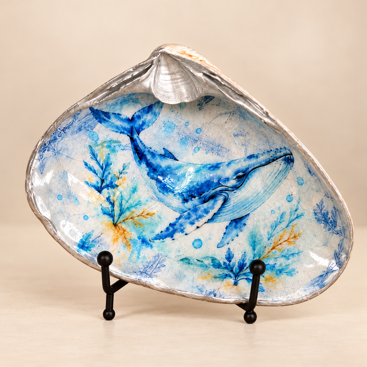 Blue Whale Decoupage Clam Shell with Silver Rim