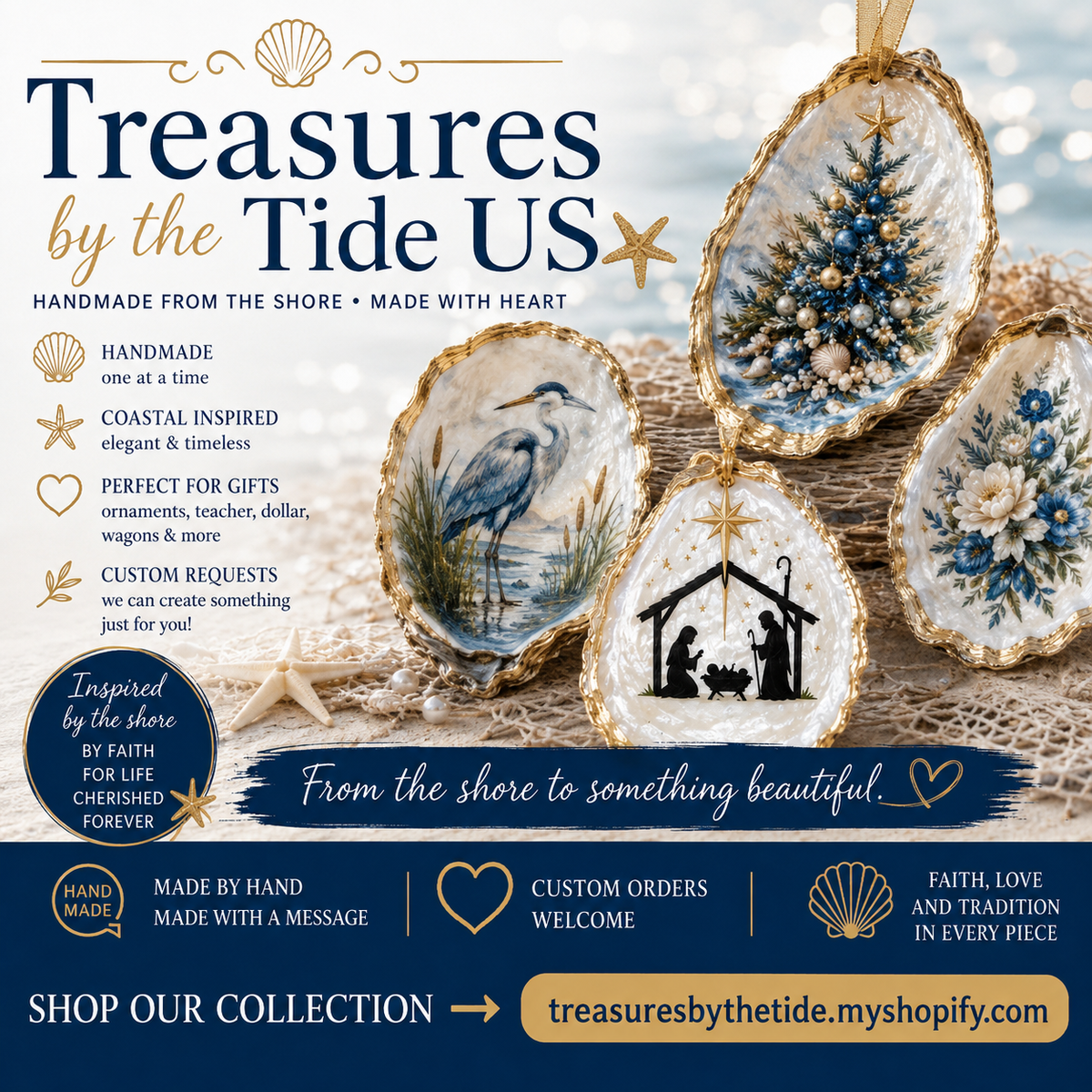 Original Coastal Blue Oyster Shell Decoupage Printable | Lighthouse, Sea Turtle, Heron & Crab | Digital Download