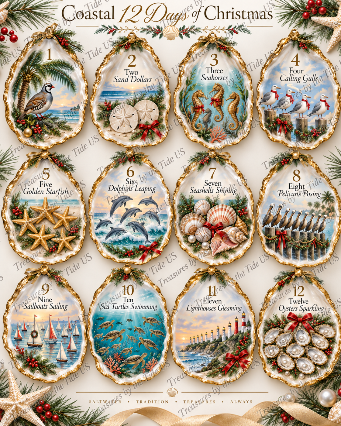 Coastal 12 Days of Christmas – Printable Oyster Shell Decoupage Collection